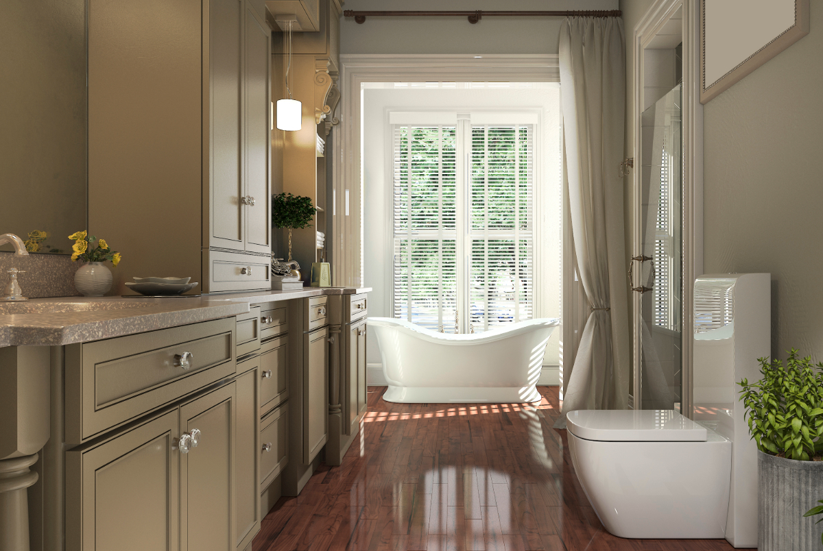 Classic bathroom with beige cabinetry, freestanding tub by a window with shutters, and ornate detailing. 